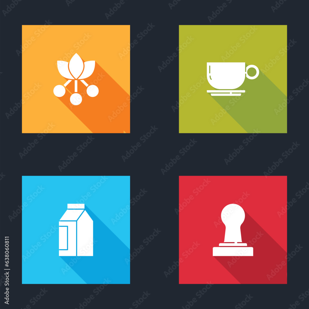 Set Coffee bean, branch, cup, Bag coffee beans and tamper icon. Vector Set Coffee bean, branch, cup, Bag coffee beans and tamper icon. Vector