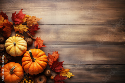 Halloween, background: pumpkins and leaves at the bottom left on wooden background. Copy space for text.