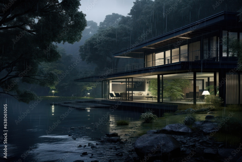 A serene house surrounded by the tranquil beauty of a fog-shrouded lake, reflecting nature's majestic glory in its tranquil waters, stands tall against a clear sky, making for a stunning outdoor land A serene house surrounded by the tranquil beauty of a fog-shrouded lake, reflecting nature's majestic glory in its tranquil waters, stands tall against a clear sky, making for a stunning outdoor land