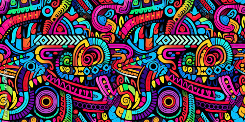 Seamless pattern of brilliant trippy ethnic style with vibrant colors. Concept: Fluorescent psychedelic tribal backdrops.