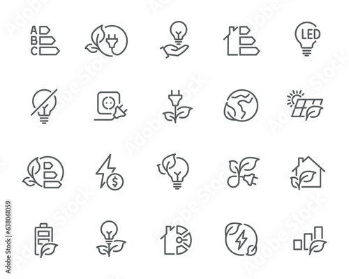 Energy Saving Icons. Collection promoting Energy Conservation, featuring efficient bulbs, smart meters, eco-homes, alternative sources, and symbols of economical energy use. Ideal for web design.