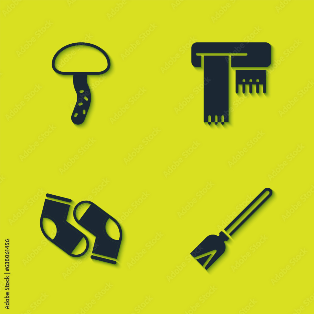 Set Mushroom, Handle broom, Socks and Winter scarf icon. Vector Set Mushroom, Handle broom, Socks and Winter scarf icon. Vector