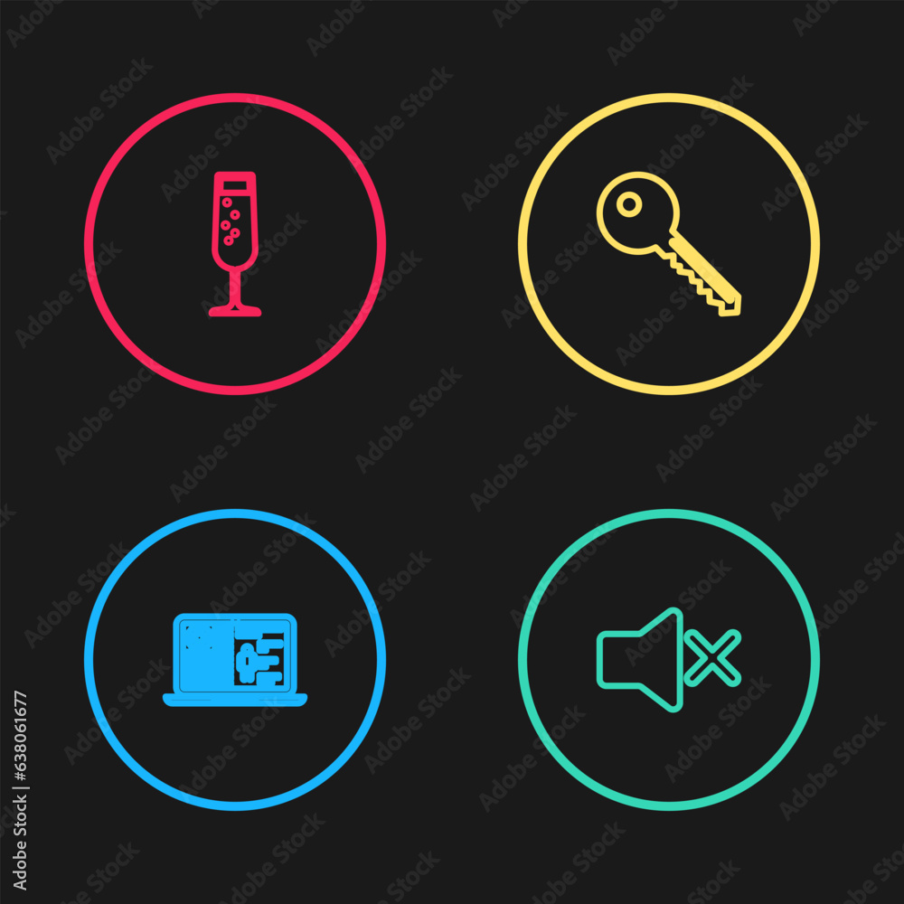 Set line Medical clinical record, Speaker mute, Key and Glass of champagne icon. Vector Set line Medical clinical record, Speaker mute, Key and Glass of champagne icon. Vector
