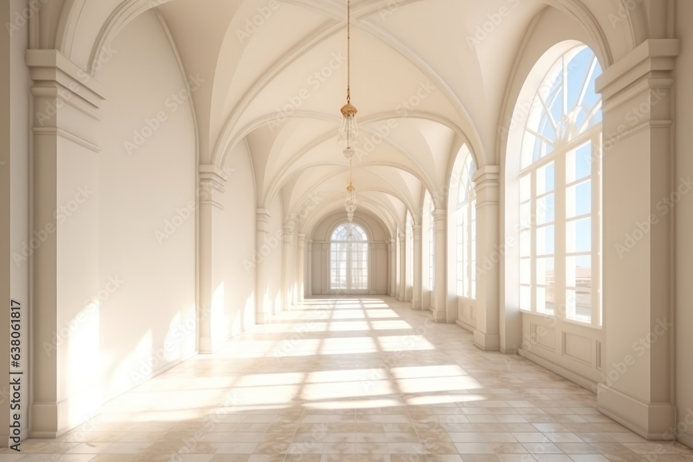 An expansive and symmetrical indoor building of grand architecture, featuring a long white hallway with arched ceilings, vaulted walls, and a magnificent chandelier illuminating the exquisite windowe