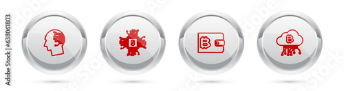 Set line Brain as digital circuit board, Processor chip with dollar, Cryptocurrency wallet and cloud mining. Silver circle button. Vector