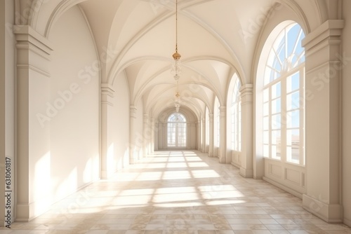 An expansive and symmetrical indoor building of grand architecture  featuring a long white hallway with arched ceilings  vaulted walls  and a magnificent chandelier illuminating the exquisite windowe