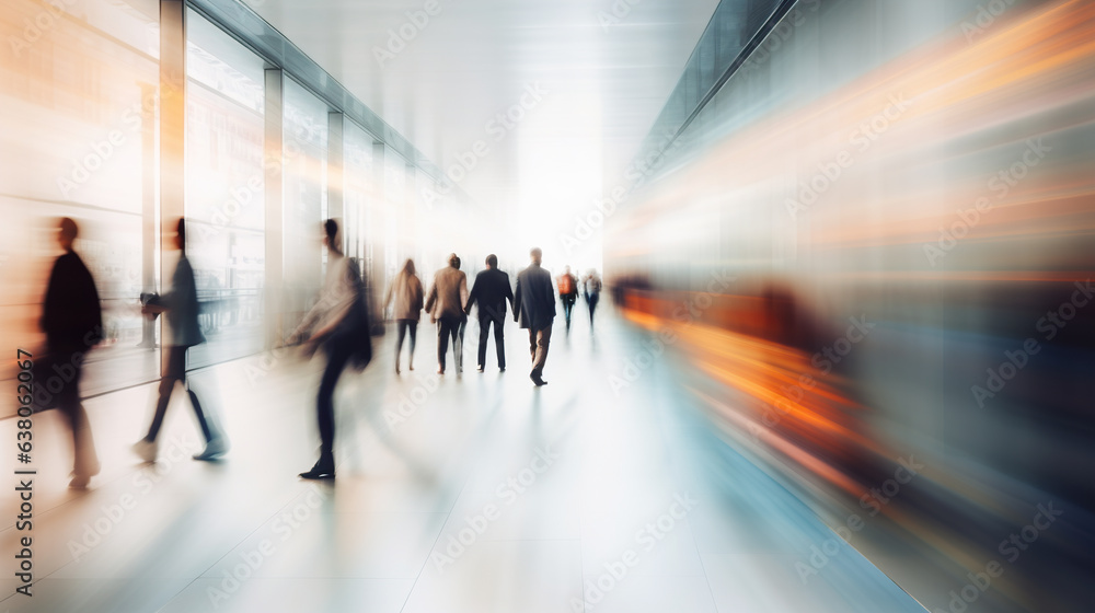 Blurred image of business people walking in a corridor, motion blur