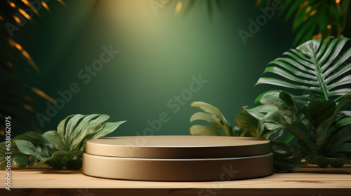 Round dark podium. Geometric product display pedestal with palm leaves on a green background. Gray podium with leaves on sides. Showcase. photo