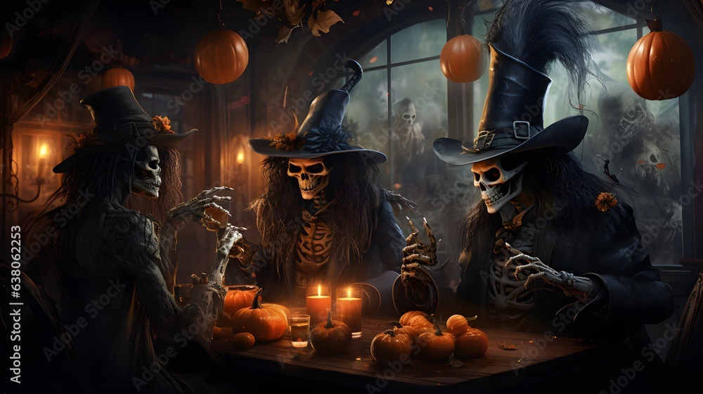 Obraz premium Halloween background with skeleton witch and pumpkins. 3d rendering. Halloween holiday concept. Group of skeleton people preparing for Halloween party.