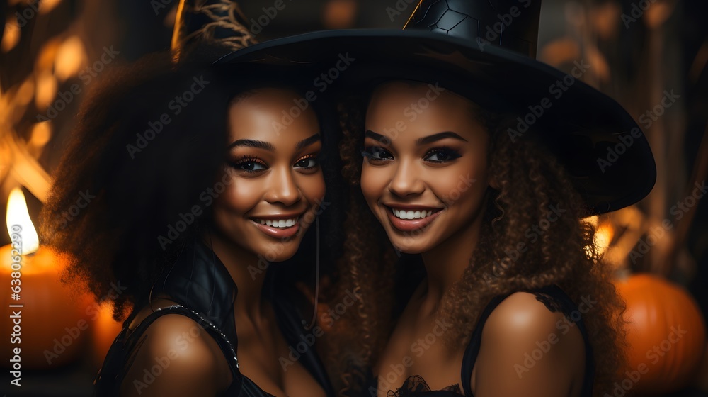 Two beautiful women in Halloween costumes and makeup. Halloween party.