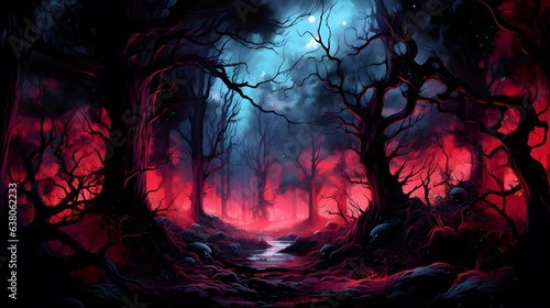 Spooky dark forest with glowing trees and full moon. Halloween background. Mystical dark scary forest with fog and footpath. Halloween background. © mandu77