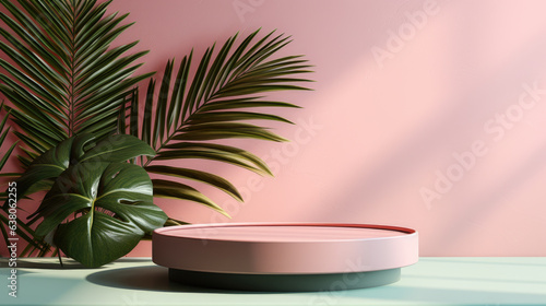 Round podium. Geometric pink product display pedestal with palm leaves on soft background. Pink podium with leaves on sides. Showcase. photo