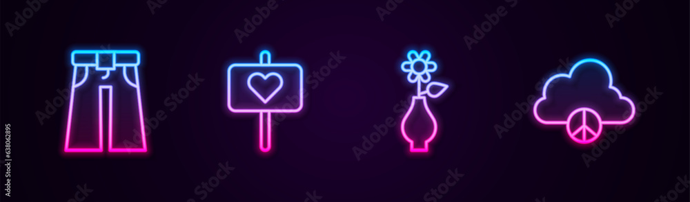 Set line Jeans wide, Peace, Flower in vase and cloud. Glowing neon icon. Vector Set line Jeans wide, Peace, Flower in vase and cloud. Glowing neon icon. Vector