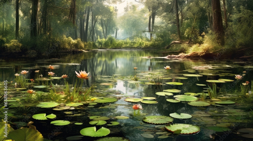 Illustration of a lovely scene from a peaceful woodland pond.