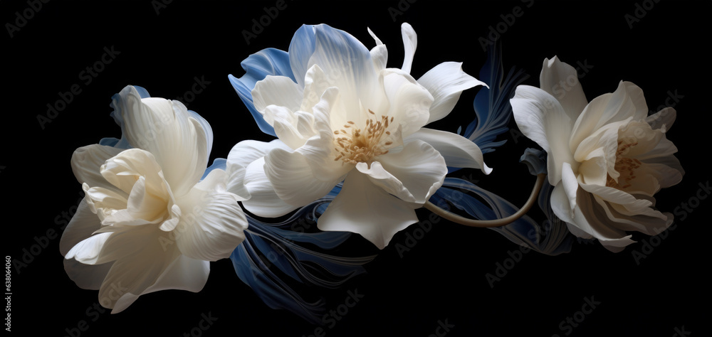 Elegant Beauty of White Flowers with blue leaves on a dark background, Floral Art , decor and vintage inspirations Elegant Beauty of White Flowers with blue leaves on a dark background, Floral Art , decor and vintage inspirations