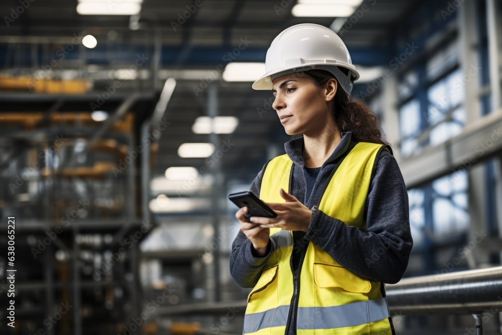 A determined woman stands proudly in her protective workwear, confidently using her phone indoors as a modern engineer, ready to tackle the next building project A determined woman stands proudly in her protective workwear, confidently using her phone indoors as a modern engineer, ready to tackle the next building project