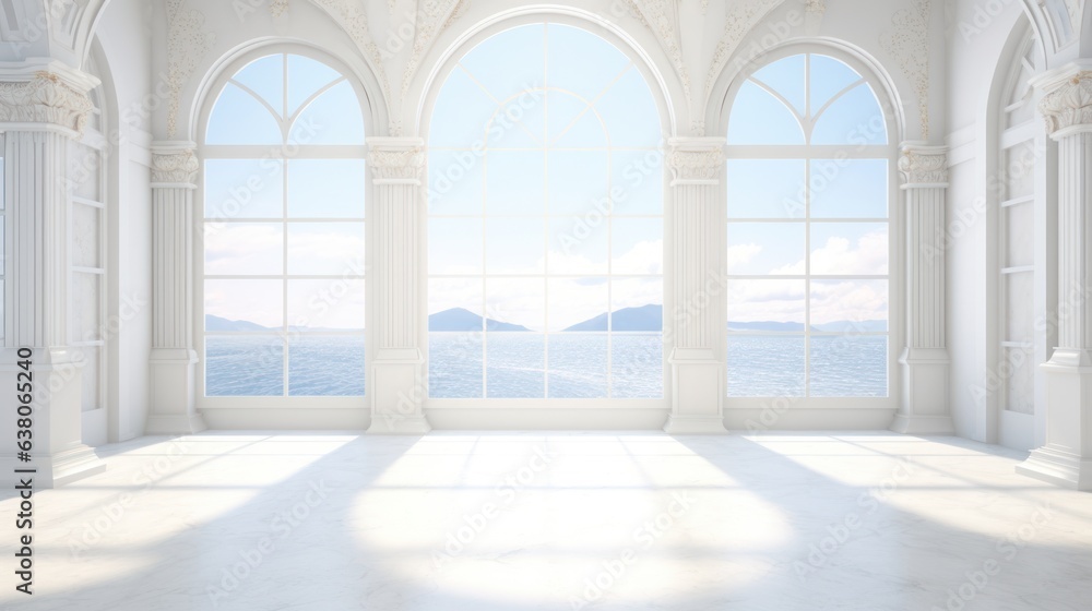 Framed by graceful arches, the large white room is illuminated by an abundance of natural light streaming through the windows, highlighting the peaceful symmetry of the columns and reflecting off the