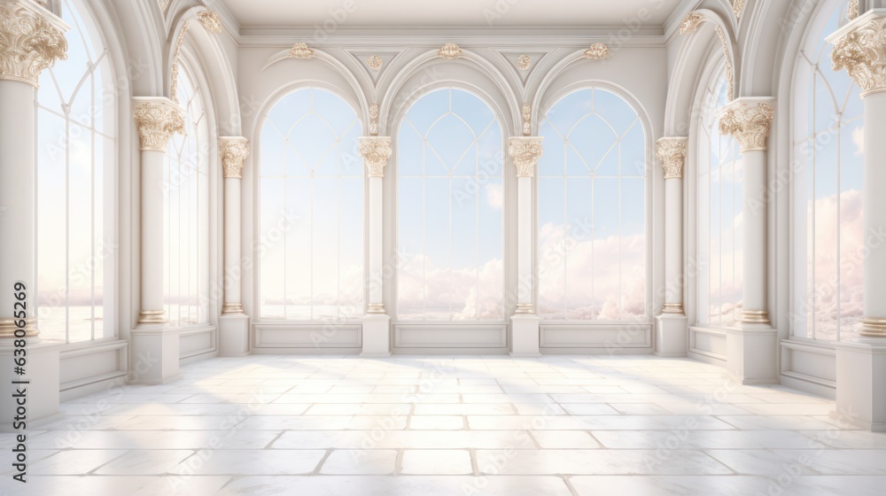 A stunning display of symmetry and artful architecture, this room's arched windows, marble floor, and intricate column moldings create a luxurious and awe-inspiring indoor arcade