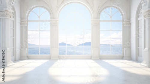 Framed by graceful arches, the large white room is illuminated by an abundance of natural light streaming through the windows, highlighting the peaceful symmetry of the columns and reflecting off the