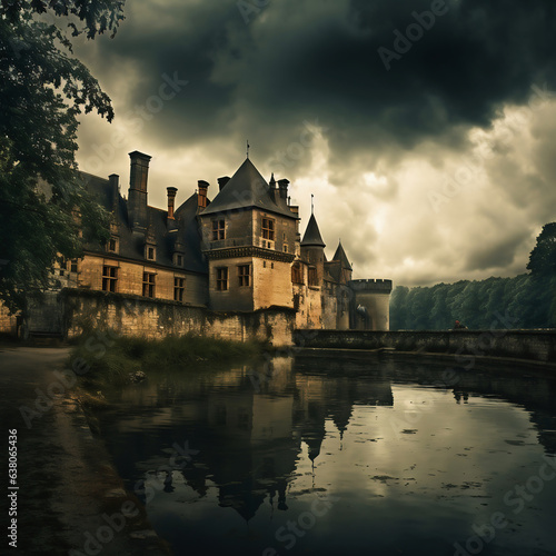 Castle on the lake at night with dramatic sky and reflection.