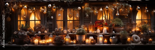Christmas decoration of the house with garlands and balls. Decorated staircase and housing doors. Beautiful outdoor decor. Concept: Holidays and weekends