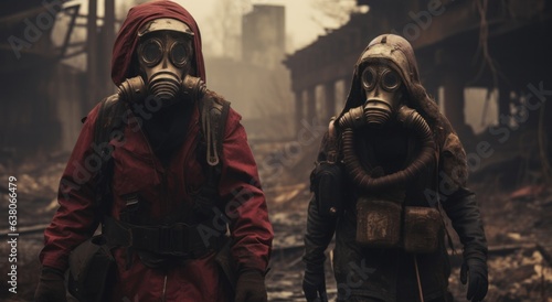 Two figures wearing protective gas masks stand outside, ready to face a dangerous and uncertain world with strength and courage