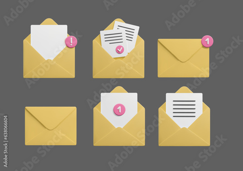 Set of different 3d email letters vector icons isolated on dark. Yellow 3d email envelopes open and closed with new message notifications, business communication, web mailbox sign, internet spam inbox