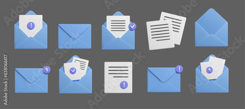 3d email letters icon set bundle isolated on dark. Cute blue 3d email envelopes with letters and new message notification signs. Open and closed mailbox symbols, newsletter inbox, spam and fishing.