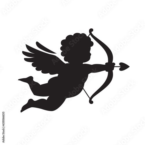 Black silhouette of Cupid aiming a bow and arrow. Valentine s Day symbol.Vector illustration isolated on white background.