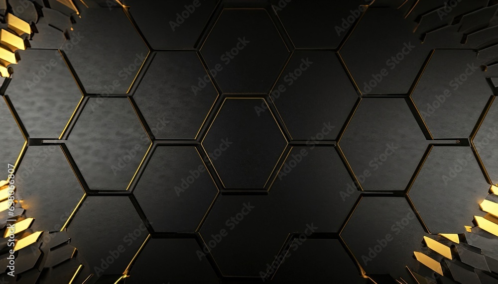 Luxury hexagonal abstract black metal background with golden light ...