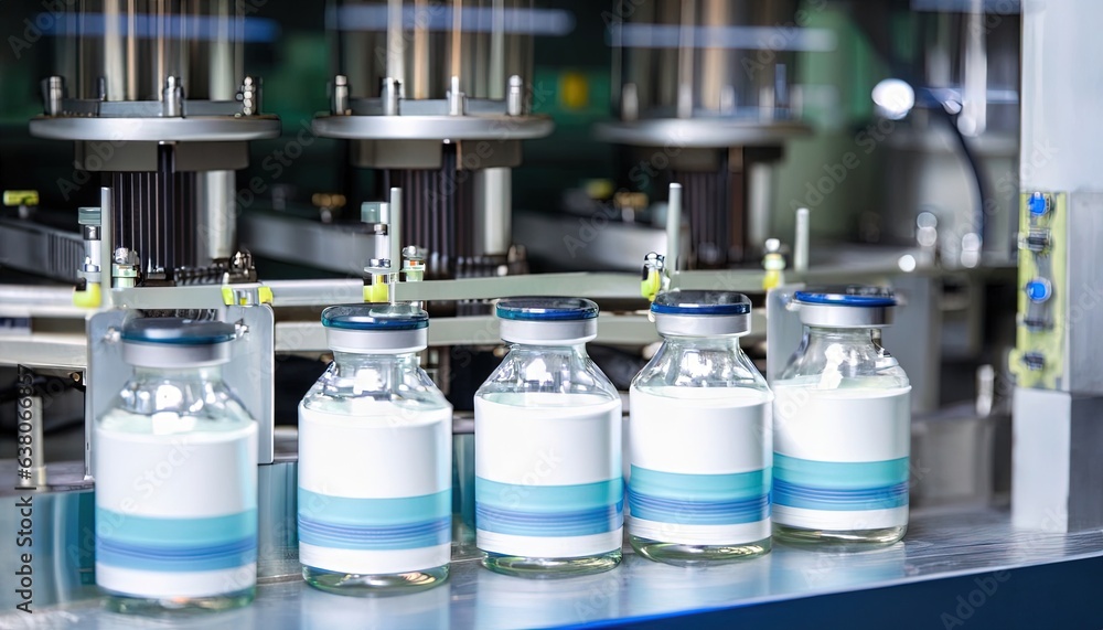 Medical vials on production line at pharmaceutical factory, Pharmaceutical machine working pharmaceutical glass bottles production line Medical vials on production line at pharmaceutical factory, Pharmaceutical machine working pharmaceutical glass bottles production line