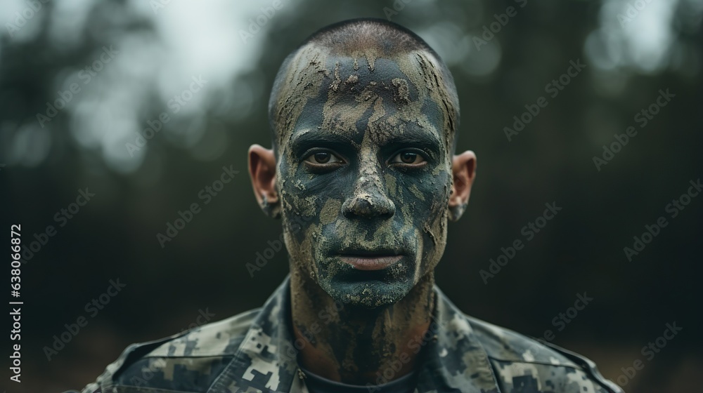 Soldier with camouflage face paint made with Ai generative technology, Person is fictional Soldier with camouflage face paint made with Ai generative technology, Person is fictional