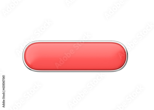 3d render long button - glossy web element, rectangular shiny label with chrome and clean click symbol