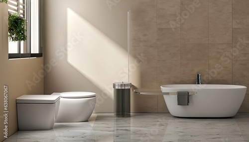 Modern, luxury wall hung toilet bowl, closed seat with dual flush, reeded glass partition, bidet, tissue paper holder, white bathtub on granite tile floor in sunlight on beige wall background 3D