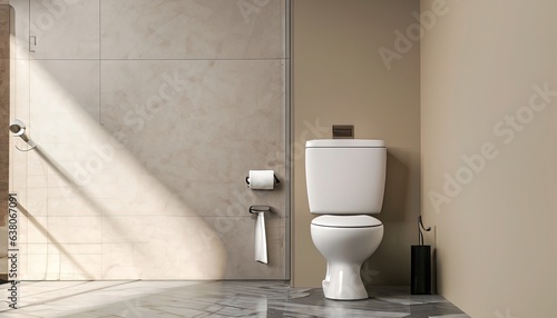 Modern, luxury wall hung toilet bowl, closed seat with dual flush, reeded glass partition, bidet, tissue paper holder, white bathtub on granite tile floor in sunlight on beige wall background 3D