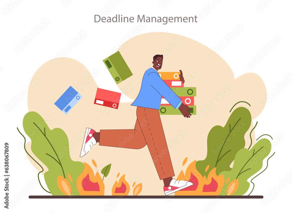 Deadline management skill. Office character with burning work time hours.