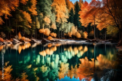 A super realistic water reflection captures the beauty of a serene landscape, mirrored perfectly on the calm waters
