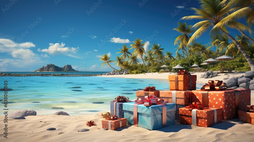 Christmas colorful presents on tropical sand beach. - obrazy, fototapety, plakaty 