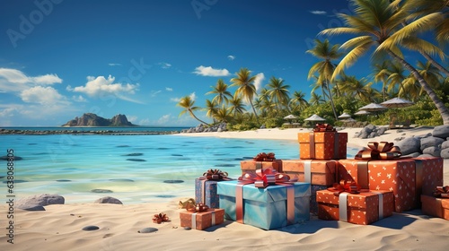 Christmas colorful presents on tropical sand beach. photo