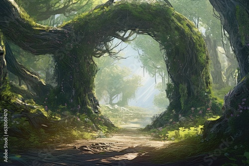 Print op canvas Magnificent vine covered archway in the center of a fancy fairy tale woodland environment, hazy in the springtime