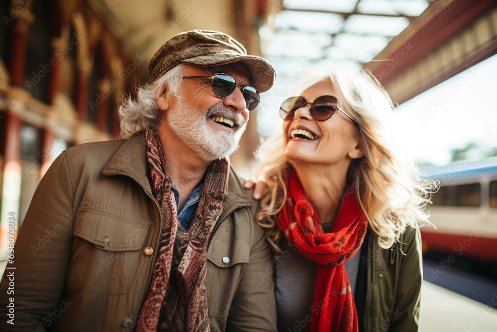 Travel, vacation, lifestyles, leisure and hobbies concept. Happy middle aged couple traveling together. Generative AI Travel, vacation, lifestyles, leisure and hobbies concept. Happy middle aged couple traveling together. Generative AI