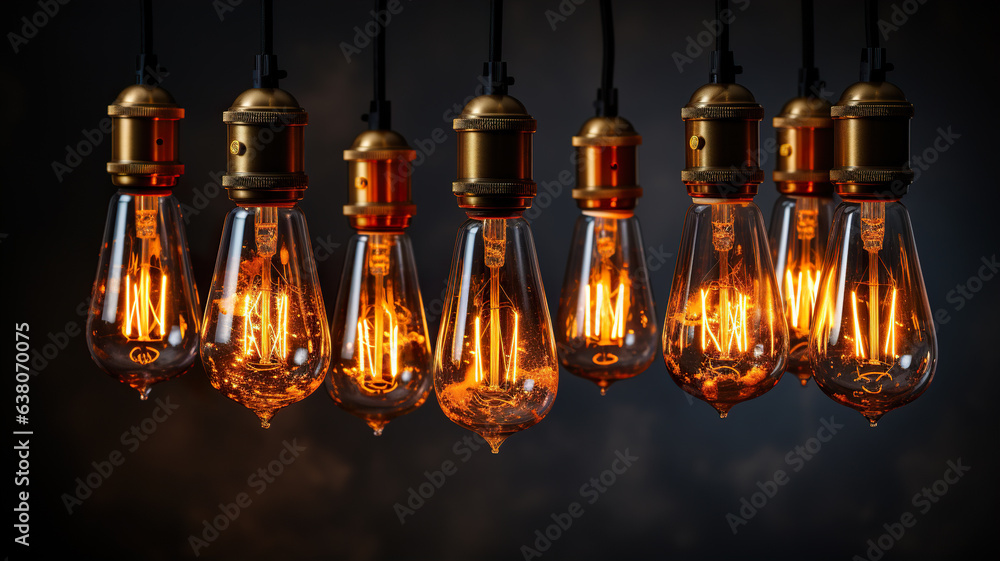 Vintage Edison light bulbs glowing on dark background. Idea concept.