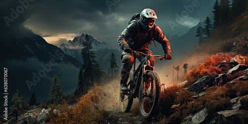 AI Generated. AI Generative. Mountain sport active extreme bike mtb with protection man. Adventure travel inspiration. Can be used for sport tour promotion