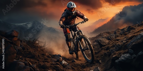 AI Generated. AI Generative. Mountain sport active extreme bike mtb with protection man. Adventure travel inspiration. Can be used for sport tour promotion