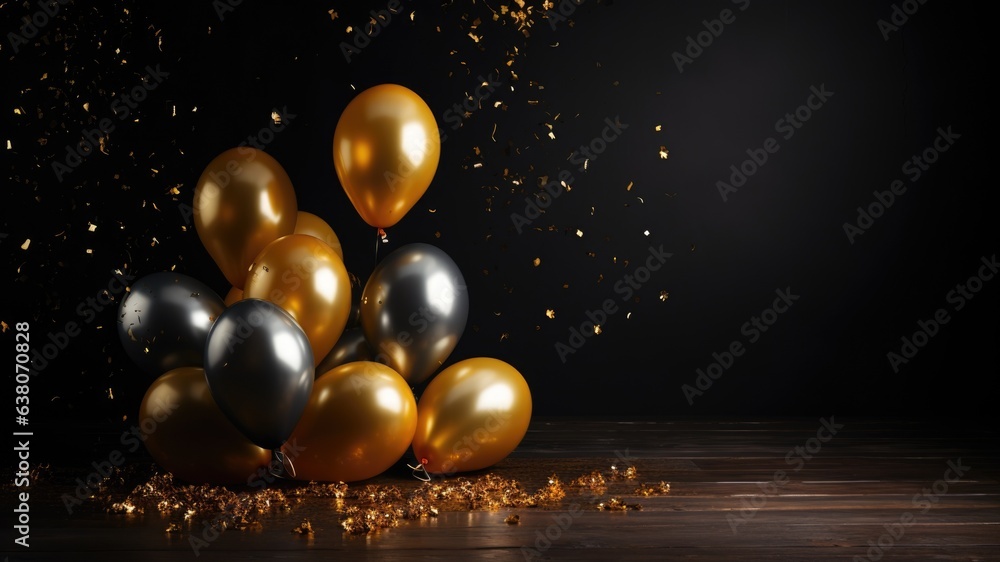 Celebration with silver and gold balloons and confetti, layout for new year wishes and celebration background with copy space for text - obrazy, fototapety, plakaty 