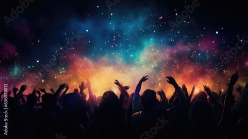 Dancing audience surrounded by colorful smoke with hands up at party, layout for new year wishes and celebration background with copy space for text