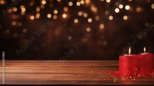 Red candles decorated with confetti on wooden table with sparkly lights bokeh background, layout for new year wishes and celebration background with copy space for text