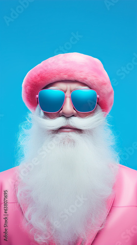 Portrait of Santa Claus in sunglasses and pink coat on blue background
