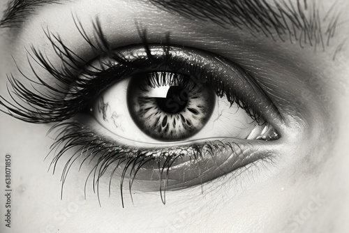 Generated photorealistic image of a female eye with long eyelashes in black and white format