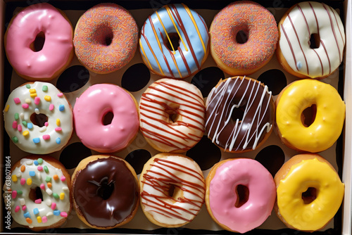 Generated photorealistic image of a large box with six different donuts